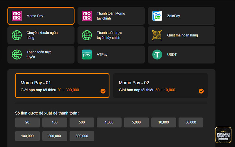 Các phương thức nạp tiền 88NN đang được hỗ trợ
